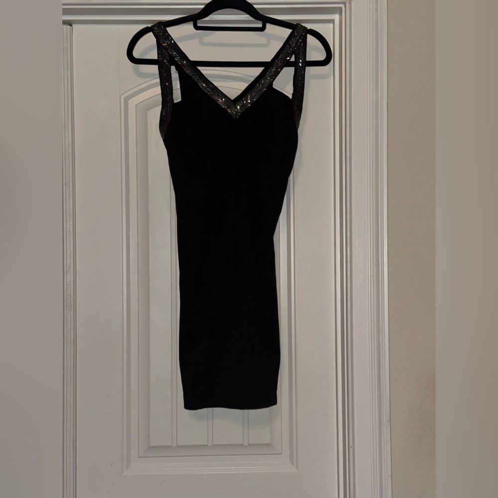 Foreign Exchange Black Dress with pewter sequins, Glittering Straps